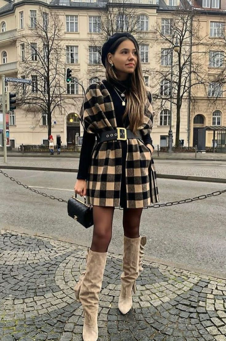 Checkered Coat and Black Dress 